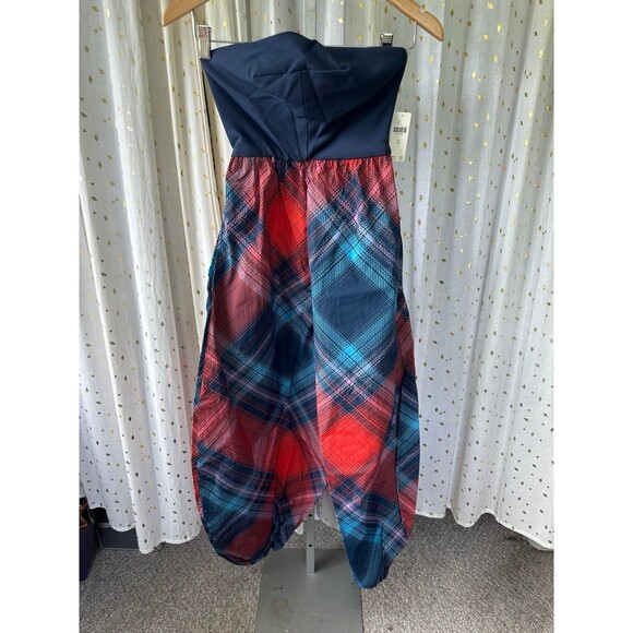 Anthropologie Strapless Plaid Jumpsuit - Blue and Red - Picture 5 of 12